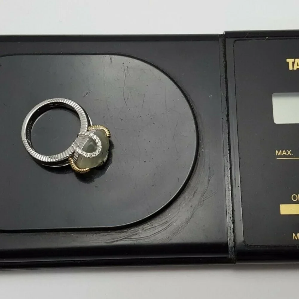 RB Signed Sterling Silver 925 18K Yellow Gold Two Tone Ring w/Diamonds & Crystal